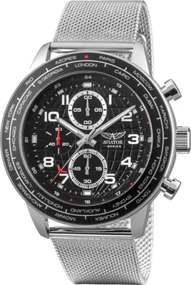 A close-up studio shot of a men's chronograph watch with a world time bezel.