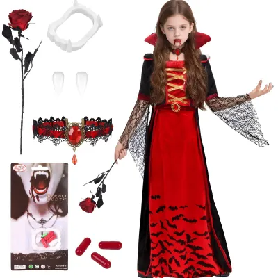 Imagen del producto de Traje de vampiro de gran valor - Disfraz gótico de vampiro - Conjunto para niñas - Vestido de Halloween - Accesorios de vampiro - Disfraz elegante - Elegante cuello de terciopelo - Disfraz