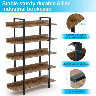 Immagine prodotto di Libreria in stile industriale - Scaffale da terra a 5 ripiani - Struttura in tubolare di ferro, pannelli in legno - Struttura robusta - Look retrò/antico - 105 x 33 x 180 cm - Marrone