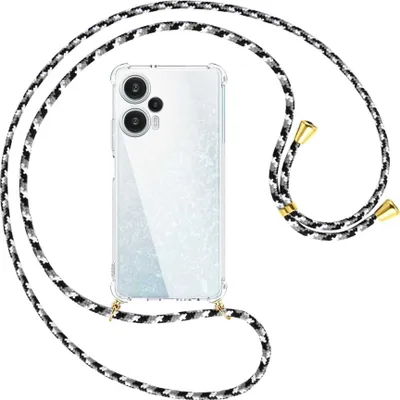 Produktbild von Handykette Backcover-Schutzhülle mit Band (Metall goldfarben) für Xiaomi Poco F5 (6.67'') - schwarz/grau/weiß