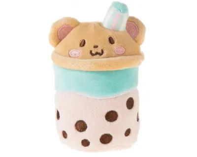 A plush toy shaped like a bubble tea drink with a bear face on top.