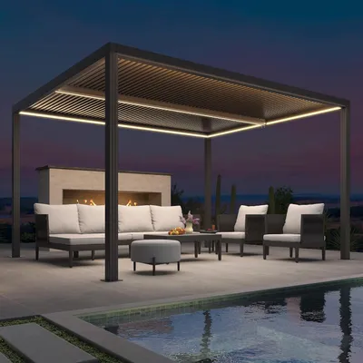 Produktbild von PURPLE LEAF Pavillon Lamellenpergola 3.35x4 m mit LED, wasserdicht, winterfest, Alu verstellbare Lamellen für Garten, Grau