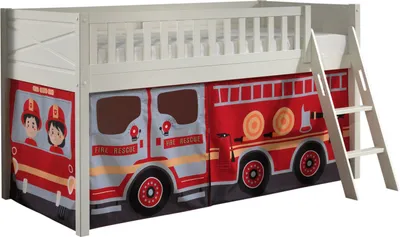 Produktbild von Kinderbett Karyl 208x114x135 Massivholz Weiß Textilset Feuerwehr