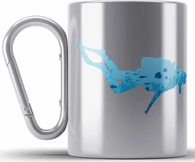 Produktbild von Trendation - Taucher Grafik Edelstahl Tasse Karabiner Geschenk für Tauchlehrer Geschenkidee Lustig Tauchen Tauchsport Meer See (Silber)