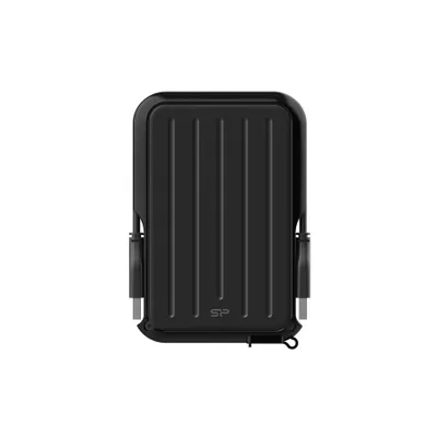 A black external hard drive is shown from the front on a white background.