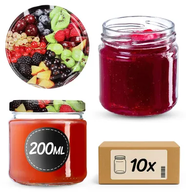 Image de Pots de conservation - Pots à confiture - 200 ml - Paquet de 10 - Bouchon de 66 mm - Motifs de fruits - Verre