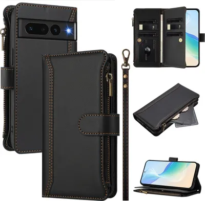 Image de Étui pour Google Pixel 7 Pro, zippé, étui portefeuille en cuirPolyuréthaneà rabat avec poches pour cartes, support et boucle pour les mains noir