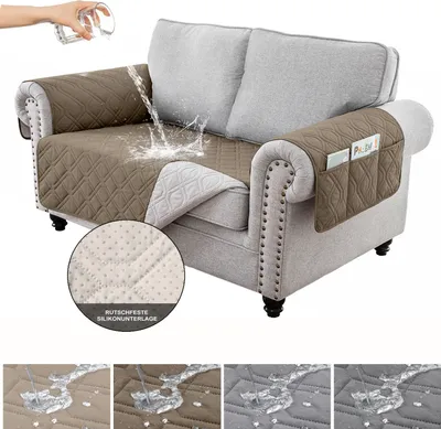 Produktbild von Sofa Bezug Wasserdicht für 1/2/3-Sitzer Rutschfest mit Seitentaschen Band Silikonpunkt, Sofa Überzug Sofaschoner Kratzfest Geometrisch, Taupe 2-Sitzer