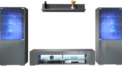 Produktbild von Vladon Wohnwand Nevada V2, Anbauwand bestehend aus 2 Vitrinen, 1 TV-Board und 1 Wandregal Anthrazit matt/Grau Hochglanz inkl. LED Beleuchtung (304,5 x 141 x 39 cm)