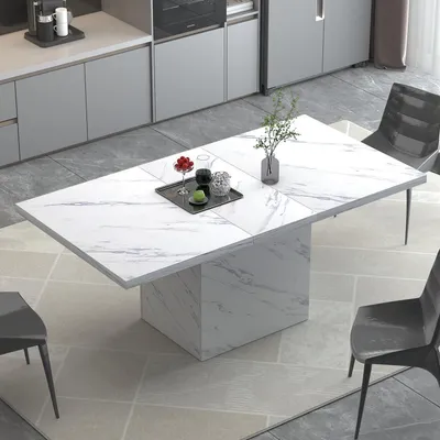 Obrázok produktu pre Obdĺžnikový jedálenský stôl s povrchovou úpravou imitujúcou mramor, biela farba, rozmer 140 x 75 x 76 cm, vhodný pre 4-6 osôb
