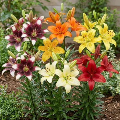 Produktbild von Lilien Zwiebeln Winterhart Mehrjährig - Asiatische Lilien Frühlingstraum Kollektion - 15 Zwiebeln - 5 Sorten/Farben, Blumenzwiebeln Mischung aus Holland für Garten (große Knollen, kein Samen)