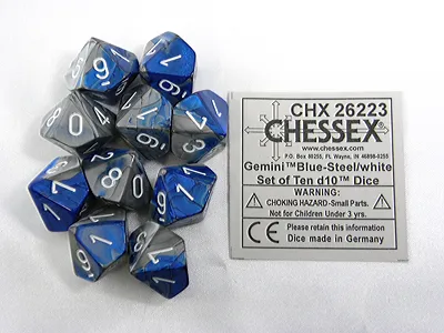 Immagine prodotto di Set di cubi Chessex Gemini blu-acciaio/bianco D10 10 pezzi