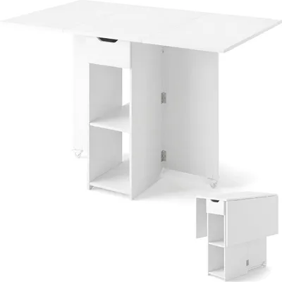 Image de Table à manger pliante avec roulettes, étagères et tiroir - Blanc