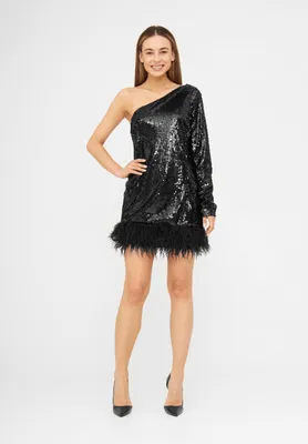 Produktbild von Elegantes Schwarzes Cocktail-Abendkleid mit Pailletten und Federapplikationen, Ein-Schulter-Design