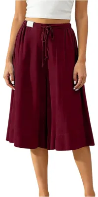 Produktbild von ASKSA Damen 3/4 Leinenhose Weites Bein Caprihose Sommer Palazzo Hosen Elegant Casual Leicht Freizeithose mit Taschen (Weinrot,S)