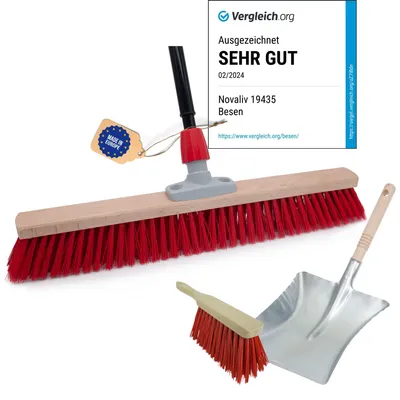 Produktbild von Novaliv Straßenbesen Set 80 cm I Besen Kehrschaufel und Handfeger Teleskopstiel I Elaston rot I mit Stiel ausziehbar I Industriebesen Kehrbesen Gartenbesen Hofbesen