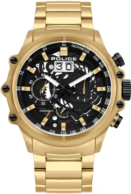 A close-up, front-facing studio shot of a gold Police chronograph watch with a black dial.