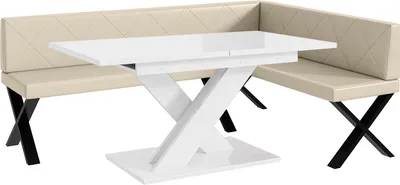 Produktbild von MEBLINI Eckbank für Esszimmer mit ausziehbarem Tisch - Küchenbank - Essecke - Sitzecke Küche - ERIC - X-Beine 142x196x87cm Rechts - Creme Kunstleder/B Weiß Hochgl.