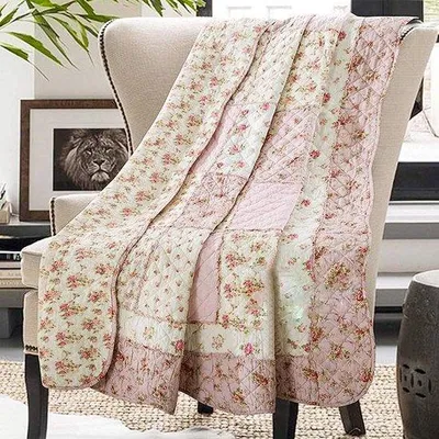 Produktbild von Azomor® Wendbare Baumwoll-Patchwork-Decke für Sofa und Bett im Blumenmuster
