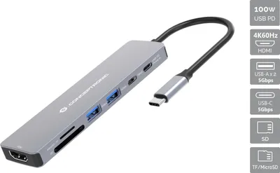 Produktbild von Conceptronic DONN28G 7-in-1 USB 3.2 Gen 1 Dockingstation, 4K60Hz HDMI, USB-A 5Gbps x 2, USB-C 5Gbps, SD, TF/MicroSD, 100W USB PD
