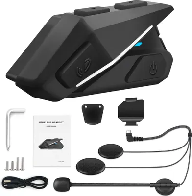 A black motorcycle Bluetooth headset and its accessories are displayed on a white background.