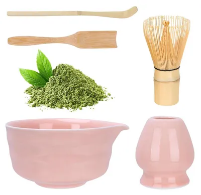 Produktbild von Matcha Set Rosa 5-teilig mit Besen, Schale mit Ausgießer, Besenhalter & Löffel aus Keramik