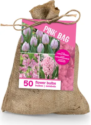 Produktbild von The Pink Bag Blumenzwiebel-Set, 50 Rosa Blumenzwiebeln, blühend April–Juni, mit Jutebeutel