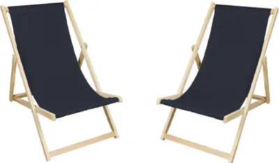 Two dark gray fabric deck chairs with wooden frames are shown against a white background.