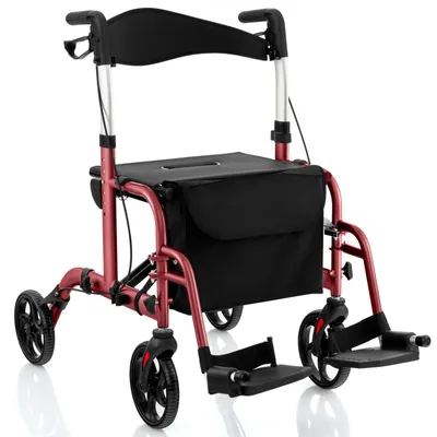 Produktbild von Rollator Faltbar Leichtgewicht, 2 in 1 Rollstuhl, 6-fach Höhenverstellbar, mit 2 Bremsen Stockhalter Tasche, Aluminiumlegierung bis 136 kg (Rot)