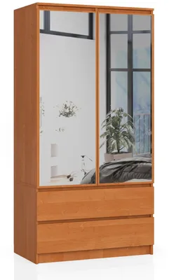 Produktbild von Kleiderschrank – Schlafzimmerschrank 2 Türen mit Kleiderstange – 90 cm – Braun – Funktionaler Drehtürenschrank mit Spiegel und 2 Schubladen