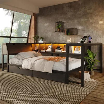 Produktbild von ELANDEPOT Metallbett 90 cm × 200 cm Schwarz LED-Beleuchtung Schreibtisch Schubladen Stauraum MDF / Metall für modernes Schlafzimmer