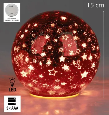 Produktbild von formano LED Deko-Kugel 15 cm Sterne Rot Glaskugel Timer 6h/18h beleuchtete Deko