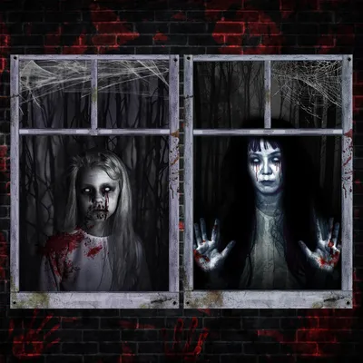 Image de Décoration d'Halloween pour fenêtre, lot de 2, effrayant, 120 x 80 cm, fantôme féminin