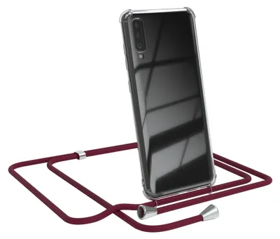 A clear phone case with a red lanyard attached, shown on a white background.