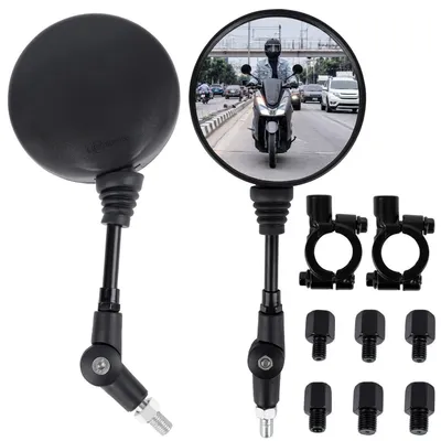 Immagine prodotto di Set di specchietti universali per moto, filettatura M8 e M10, morsetto per manubrio, rotazione a 360°, forma rotonda, colore nero