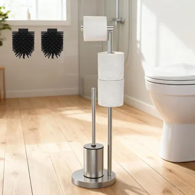 Produktbild von Stehende Toilettenpapierhalterung – Stehende WC-Papierhalterung mit Toilettenbürste – WC-Set mit Platz für 2 Reserverollen und 2 Bürstenköpfe