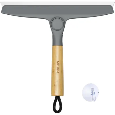 Obrázok produktu pre Silikónová škrabka na sprchu s bambusovou rukoväťou, otočná, 25,4 cm, sivá, 1 kus, vrátane držiaka na zavesenie
