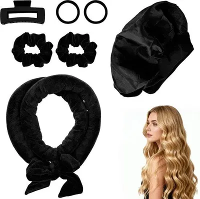 Produktbild von Unyqoos® Hitzefreies Satin-Locken-Set mit Schlafmütze – sanfte Locken ohne Hitze, für langes & mittellanges Haar, inkl. Lockenband, Klemmen und Haargummis