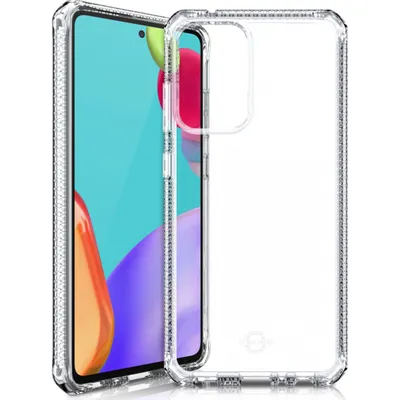 A clear phone case is shown on a white background, with a smartphone partially visible inside.