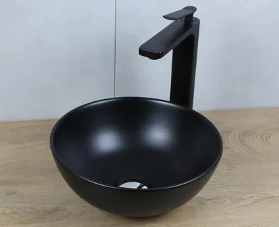 Produktbild von Keramik Waschbecken rund Ø 320 x 135 schwarz matt ohne Überlauf Aufsatzwaschbecken mit Pop-Up Ablauf chrom