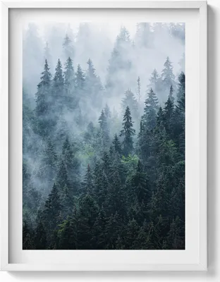 Produktbild von Neblige Berglandschaft– Wandbild mit Rahmen – Gerahmtes Bild  – Wanddekoration – 60x80 cm –  Weiß Rahmen