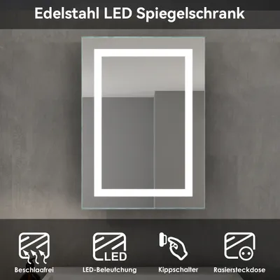 Produktbild von SONNI 50x70cm Edelstahl Schiebetür Bad Spiegelschrank mit Kippschalter LED Beleuchtung Beschlagfrei Rasiersteckdose IP44