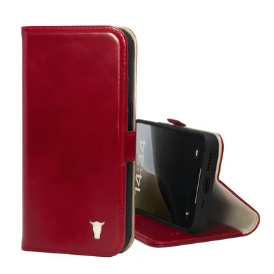 A red leather iPhone case with a phone inside is shown against a white background.