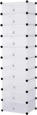 A tall, narrow, white shoe rack with 10 compartments, each with a black circular knob on the front.
