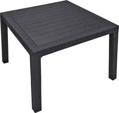 A dark gray square garden table with a slatted top and a textured border, shown from a slightly elevated angle on a white background.