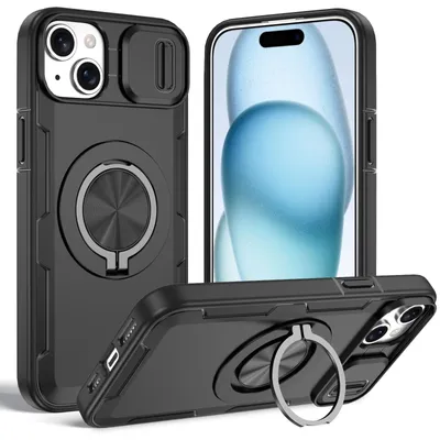 Produktbild von Magnetische Hülle für iPhone 14 Plus /iPhone 15 Plus, Militär Stoßfest Handyhülle mit Kameraschutz und Ringhalter Ständer Schwarz
