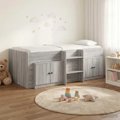 Obrázok produktu pre Maison Exclusive – Posteľ s úložným priestorom a skriňou, 3 kusy, drevotrieska, farba: svetlosivá (Sonoma)
