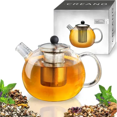Produktbild von Creano Teekanne mit Siebeinsatz aus Glas 1,6l - Glasteekanne mit Edelstahl-Sieb und Deckel - Ideal zur Zubereitung von Losen Tees - tropffrei