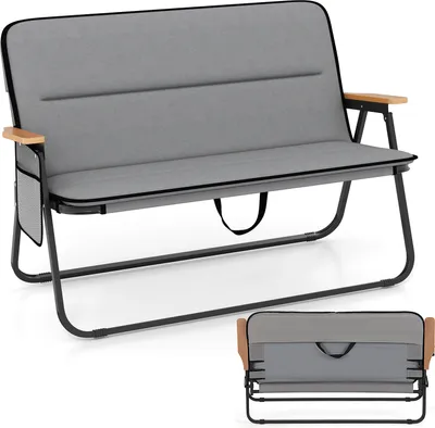 A gray camping loveseat is shown from a front-diagonal angle, with a smaller image below showing it folded.