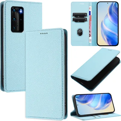 Produktbild von Litchi Leder Handyhülle für Huawei P40 Pro Wallet Kartenfächer Standfunktion Hülle Hellblau